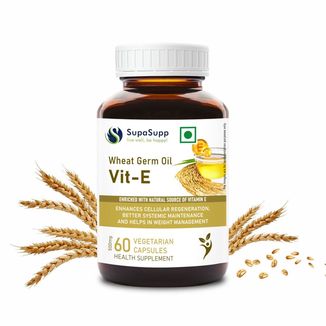 SupaSupp Wheat Germ Oil Vit - E | Enhances Cellular Regeneration, Better Systemic Maintenance |  Vitamin E | Health Supplement | 60 Veg Cap, 500 mg