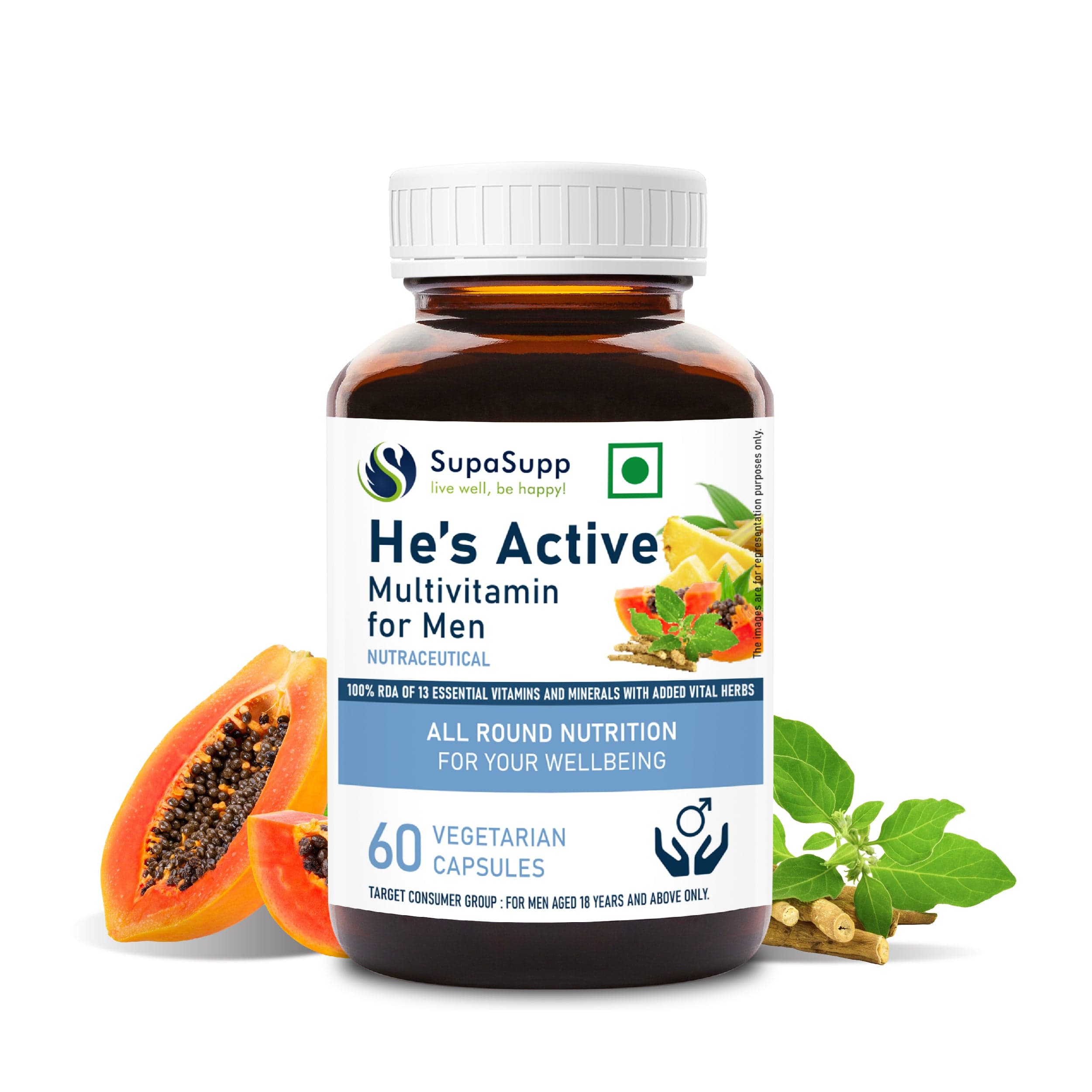 SupaSupp He's Active - Multivitamin for Men | All Round Nutrition For Men On The Go | Health Supplement | 60 Veg Cap, 500 mg