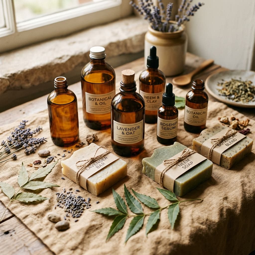 Natural wellness products laid out in a warm editorial scene